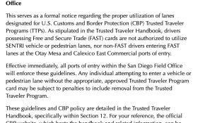 Notice: Enforcement of Trusted Traveler Program in the San Diego Field Office
